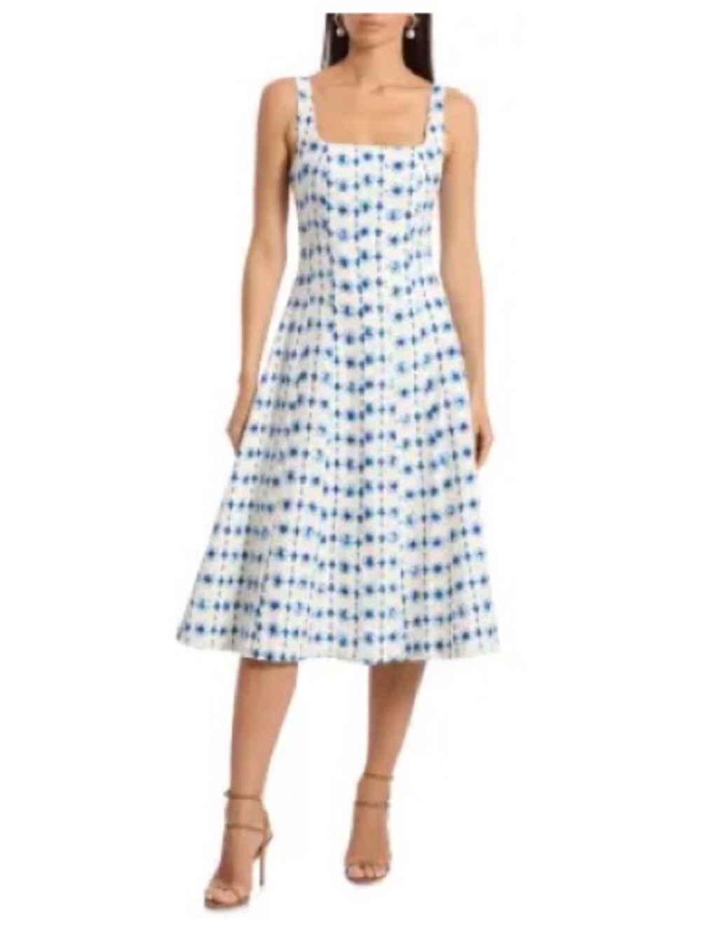 NWT Avec Les Filles Blue White Geometric Linen Blend Midi Dress Womens size XS